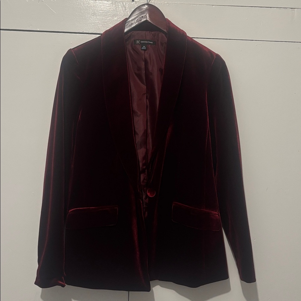 INC International Concepts Velvet One Button Blazer Petite Medium Burgundy Wine
